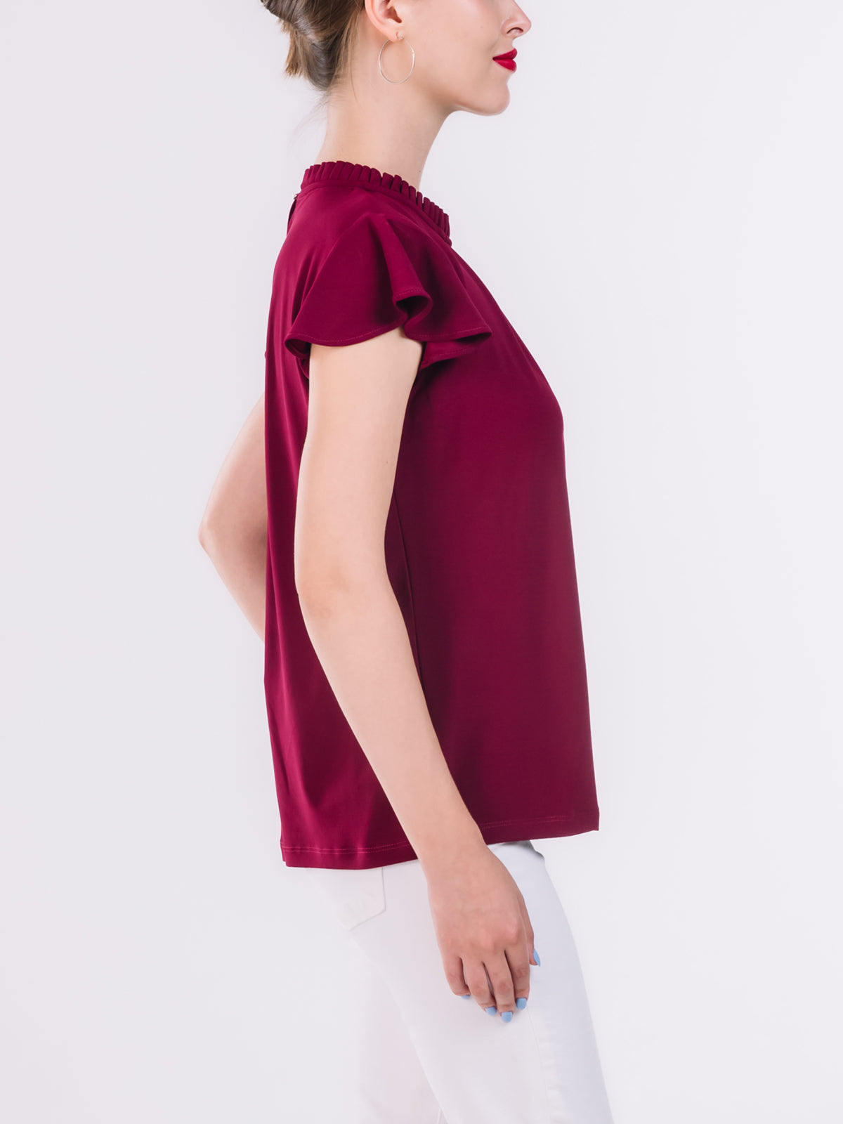 Ruffled Neckline Flutter Short Sleeve Top