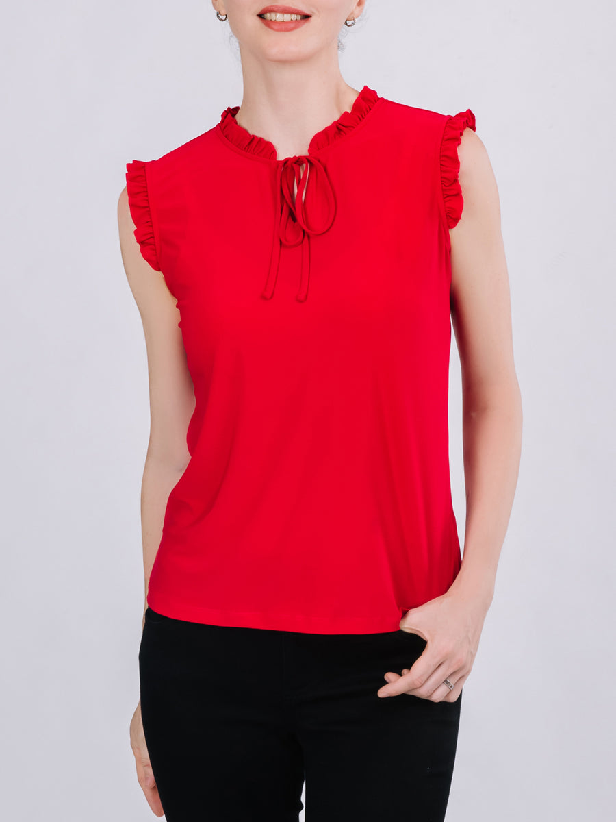 Ruffled Neckline Tie Front Sleeveless Top