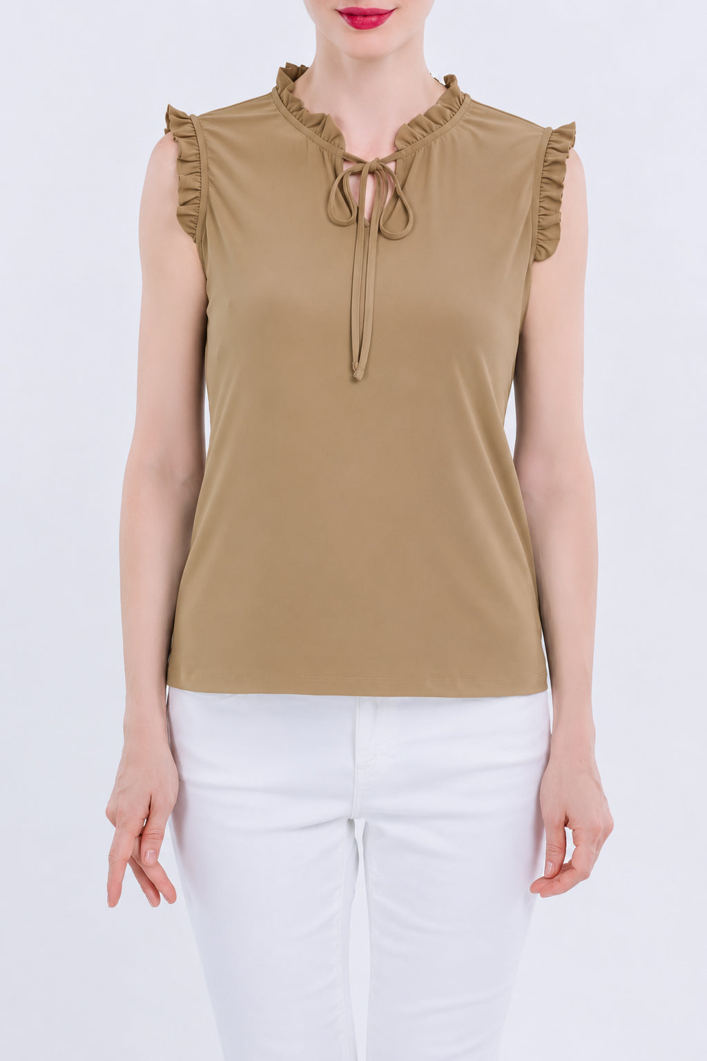 Ruffled Neckline Tie Front Sleeveless Top