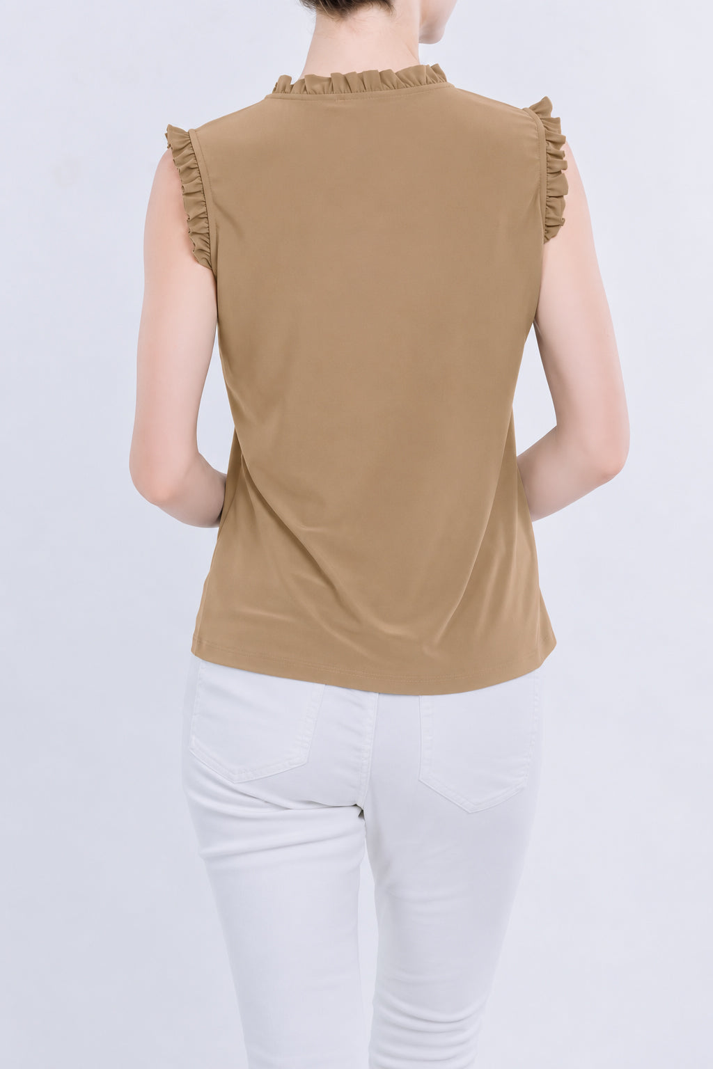 Ruffled Neckline Tie Front Sleeveless Top