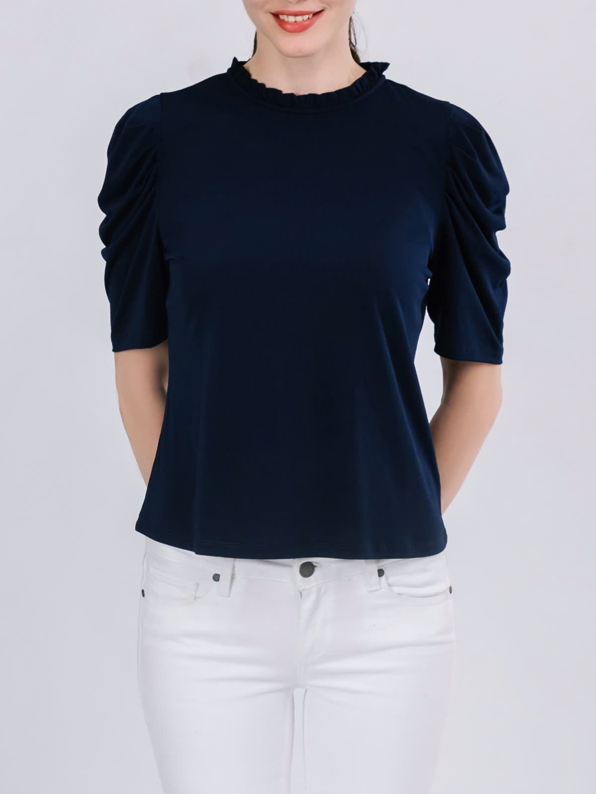 Ruffled Neckline Draped Elbow Sleeve Top