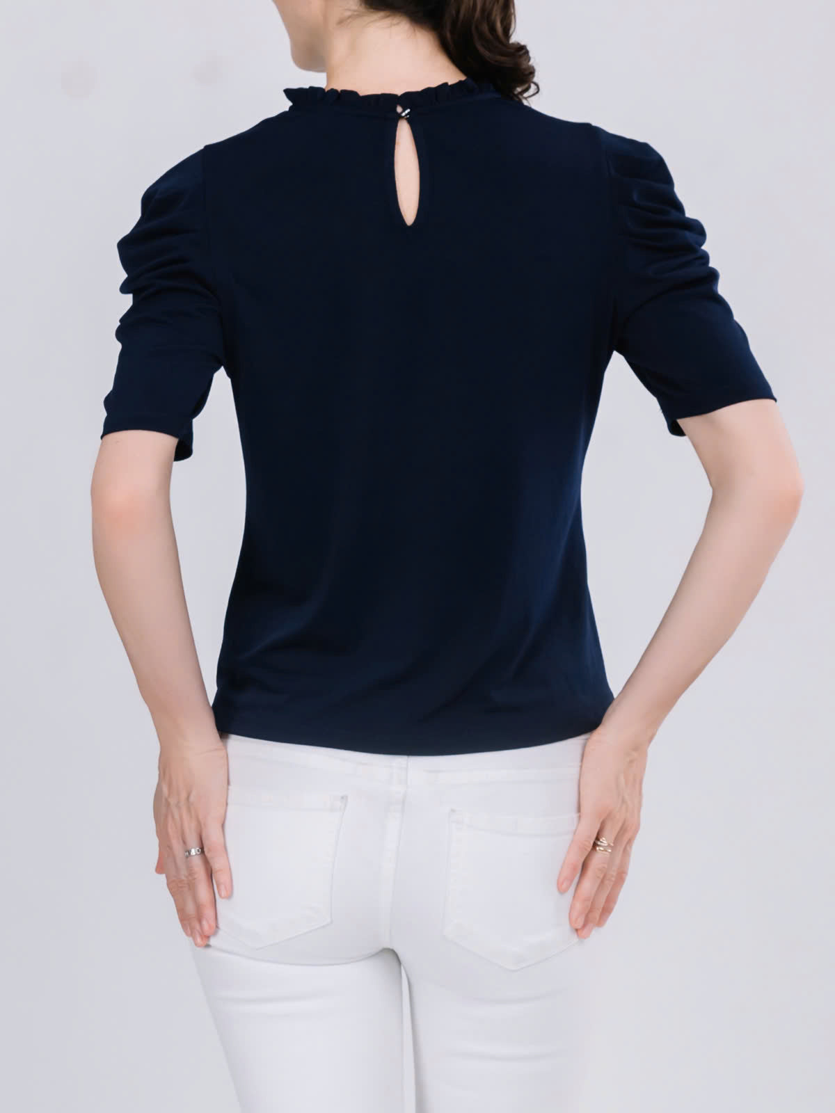 Ruffled Neckline Draped Elbow Sleeve Top