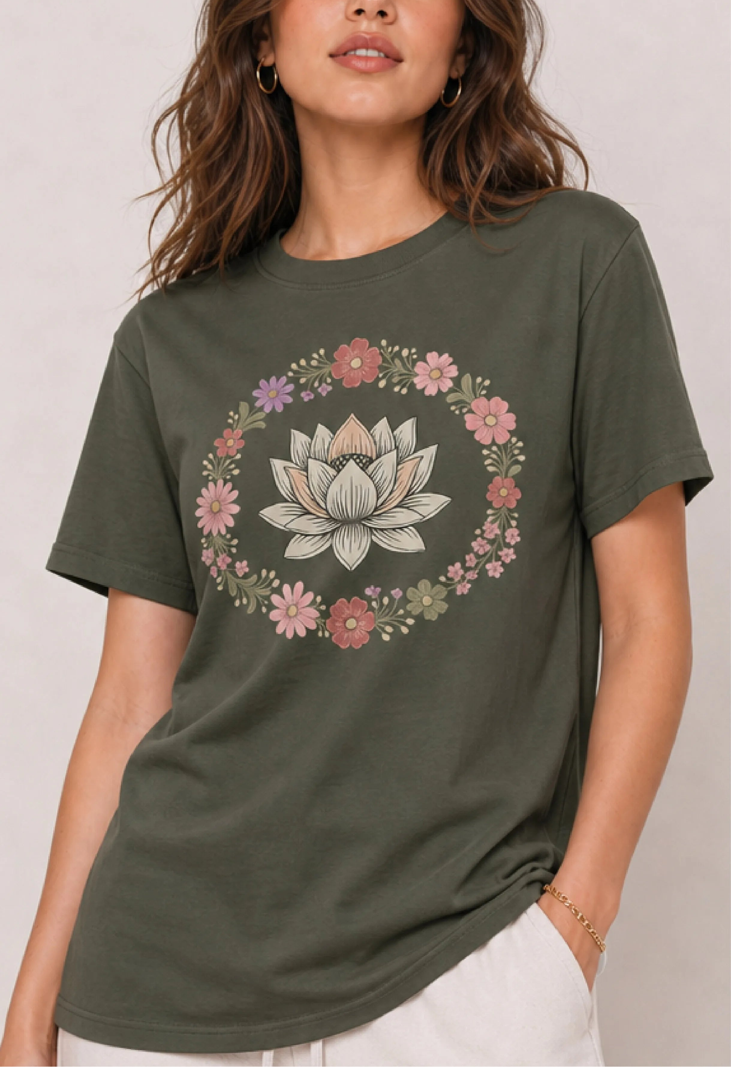 Lotus Floral Wreath Olive Tee