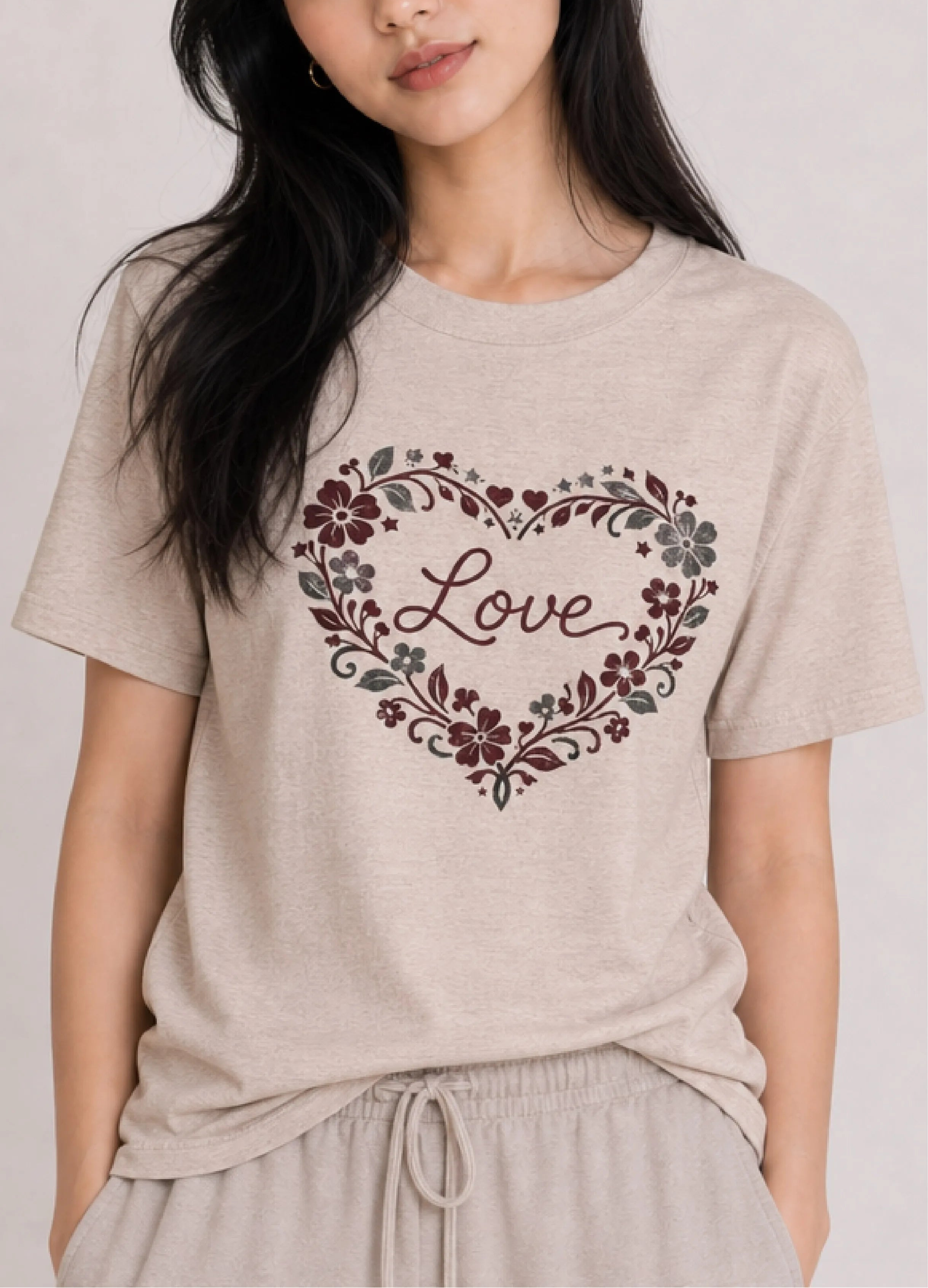 Love Floral Heart Beige Tee