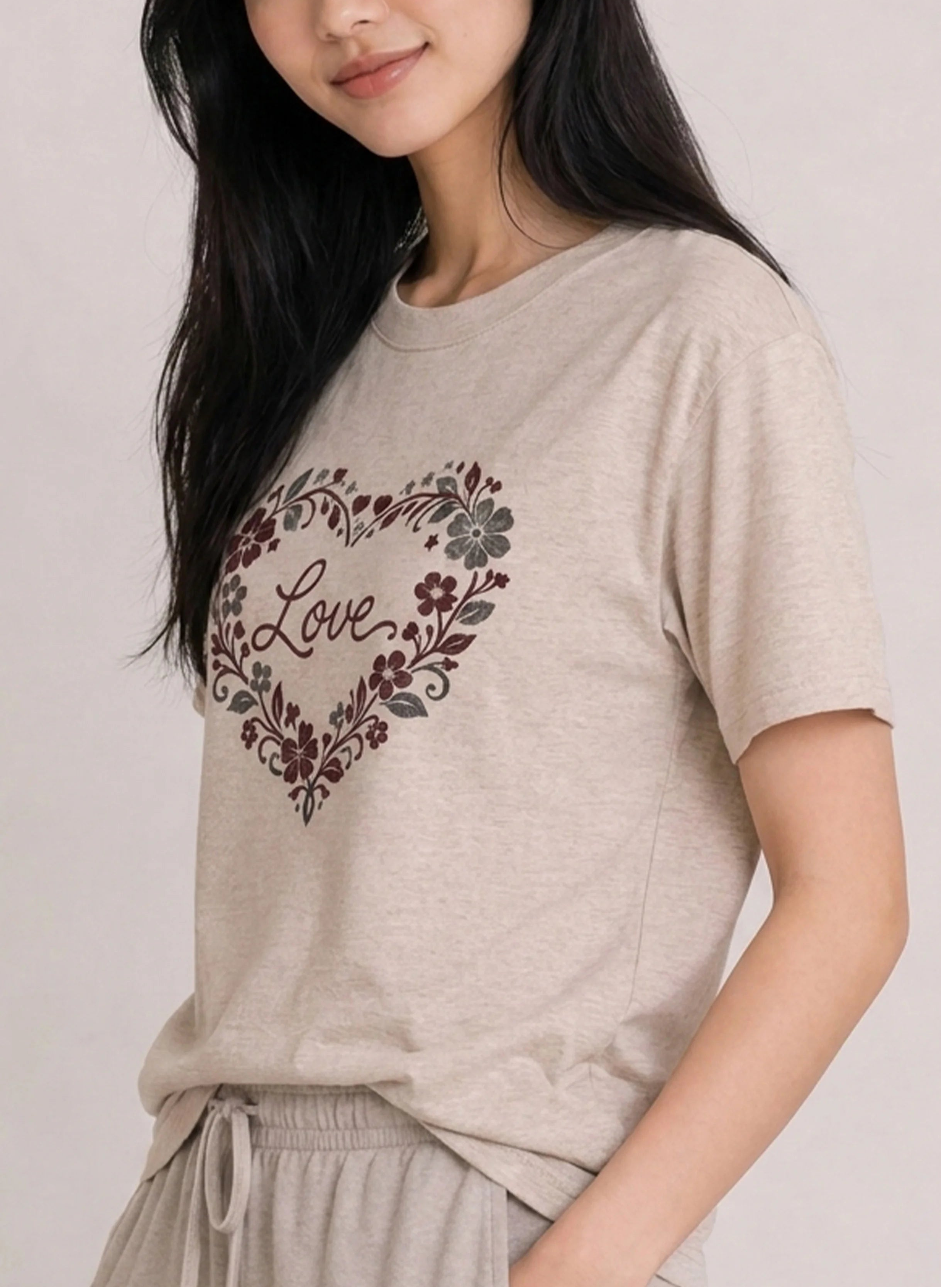 Love Floral Heart Beige Tee