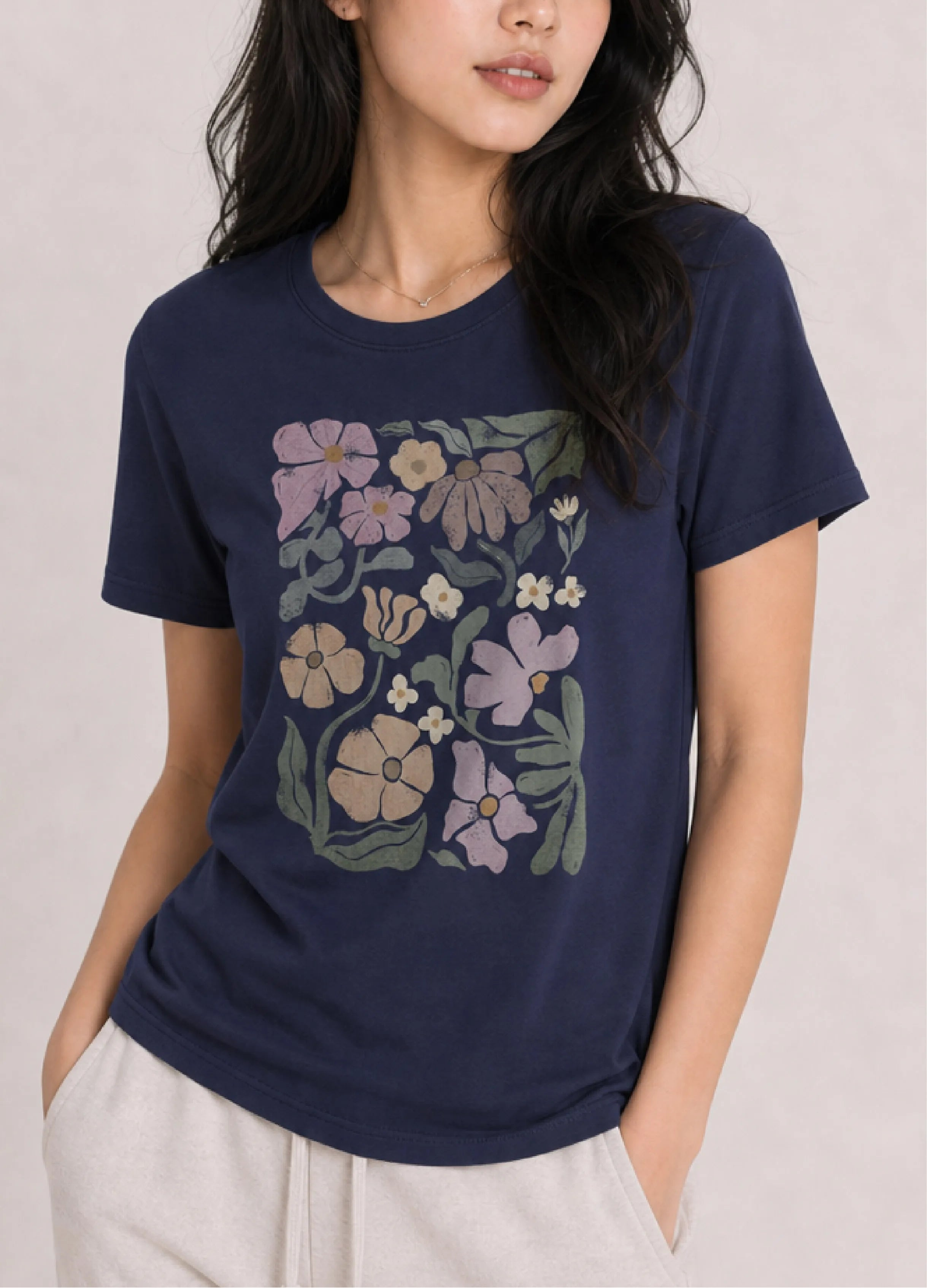 Muted Floral Block Navy Tee