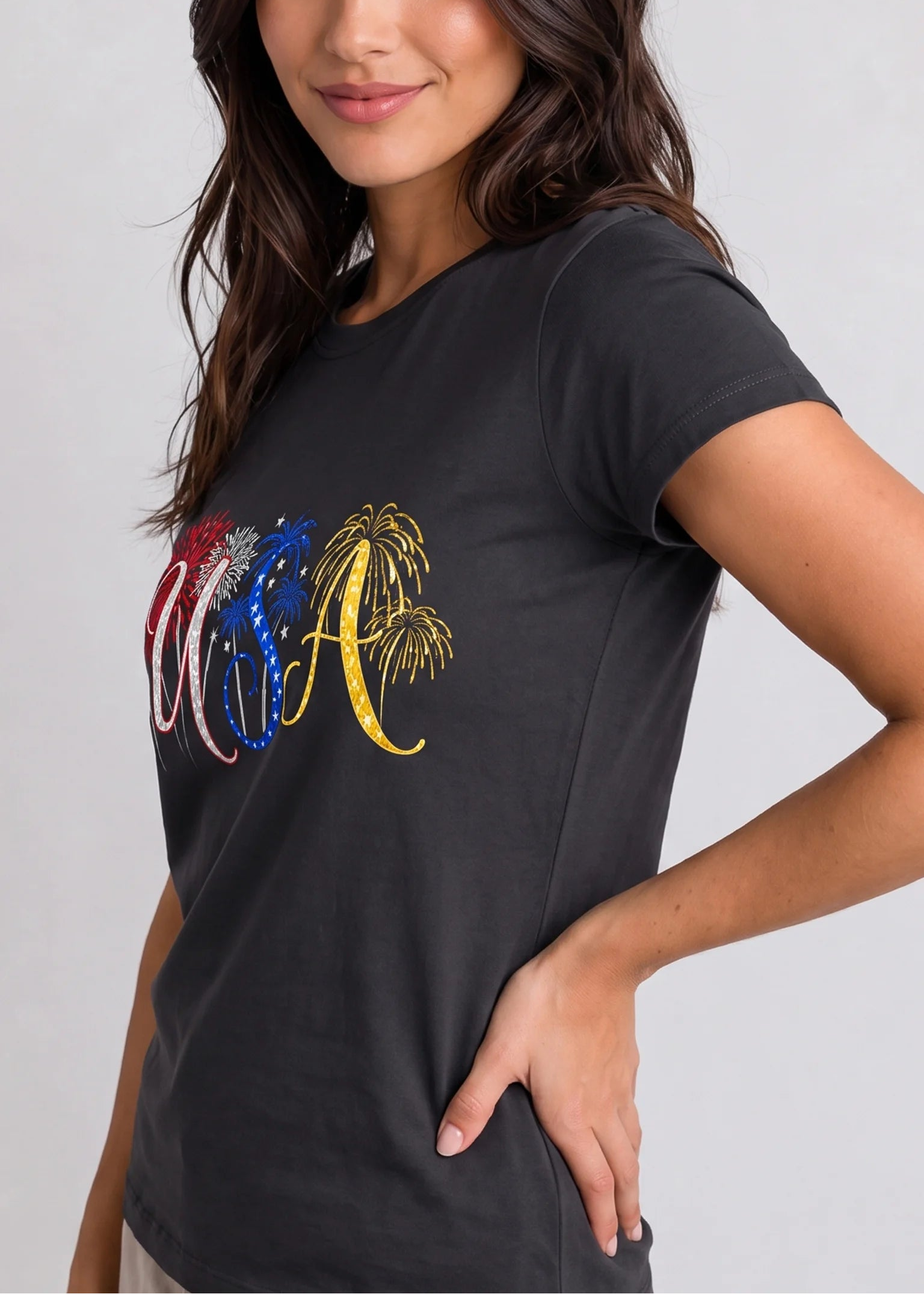 USA Fireworks Script Black Tee