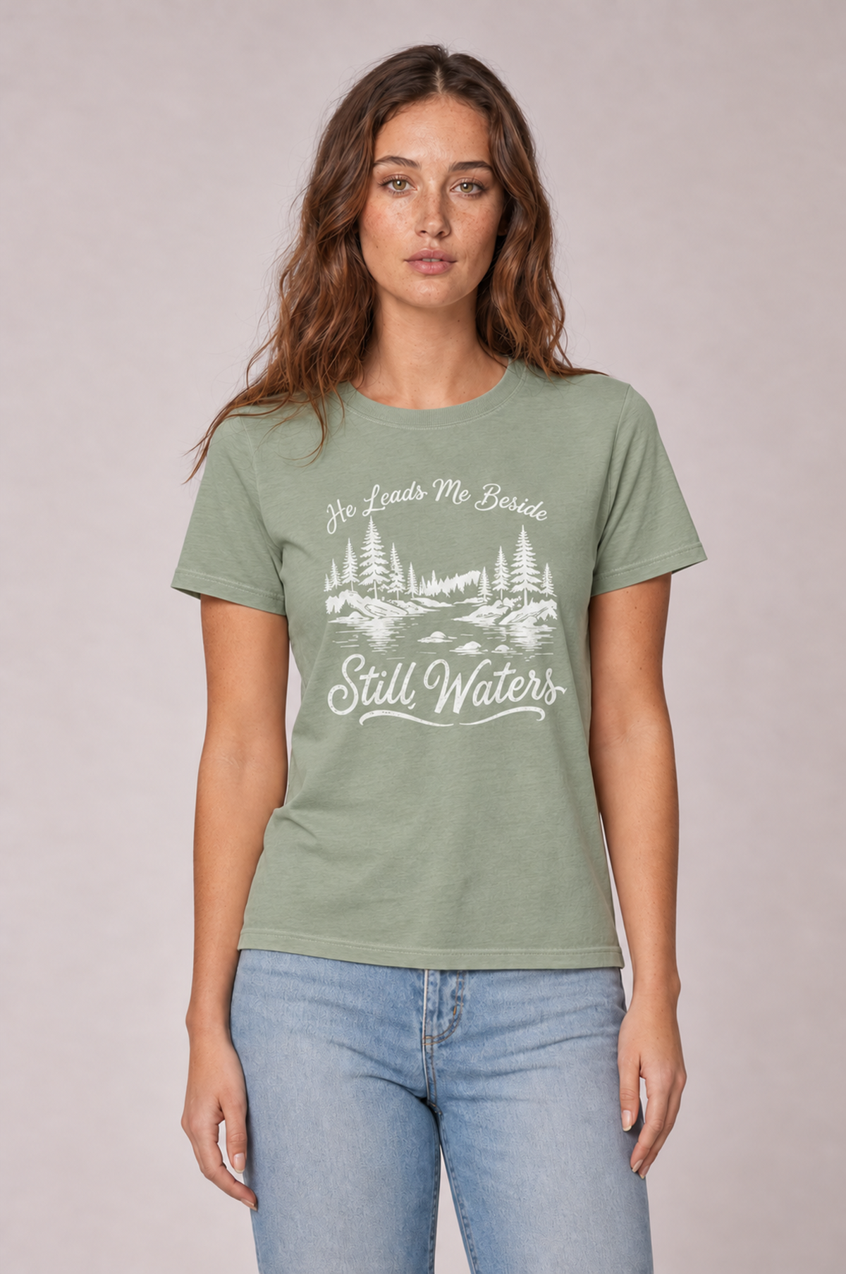 He Leads Me Beside Still Waters Christian Graphic Tee
