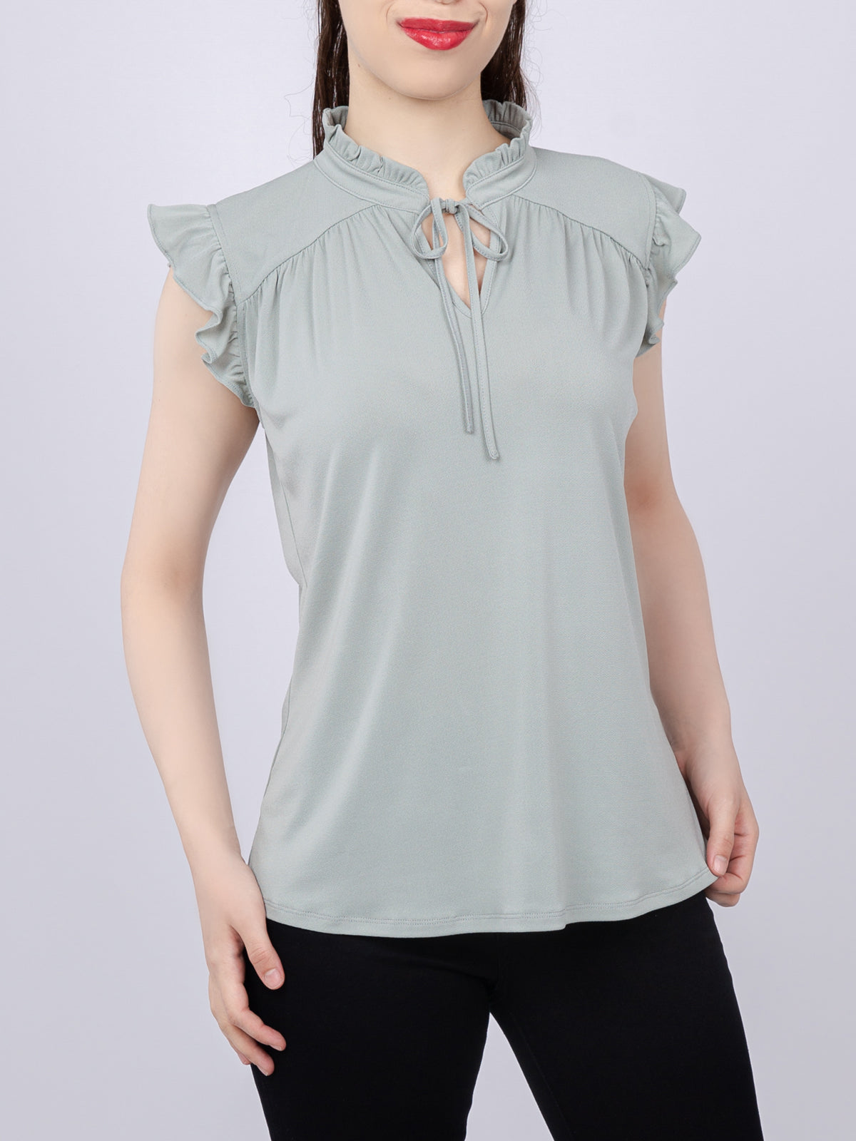 Tie-Front Ruffle Neck Knit Top