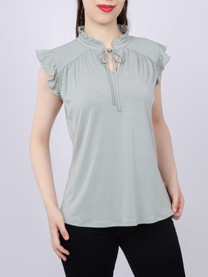 Tie-Front Ruffle Neck Knit Top