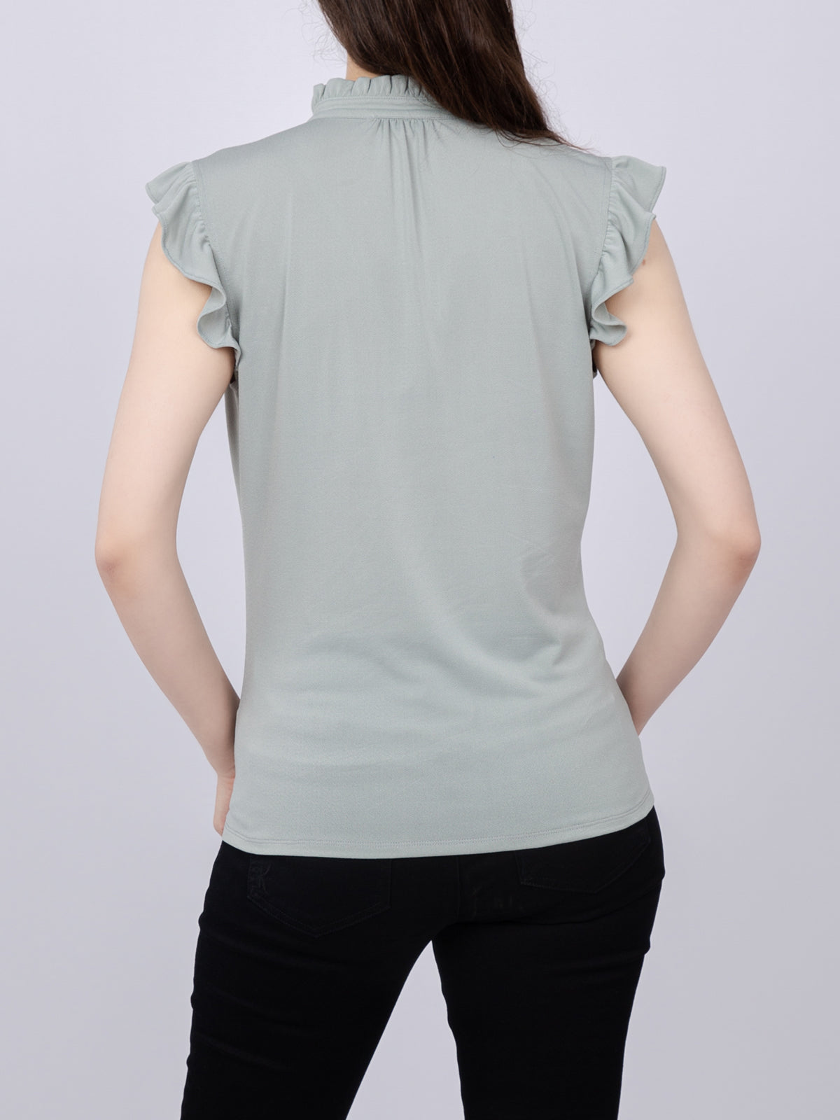 Tie-Front Ruffle Neck Knit Top