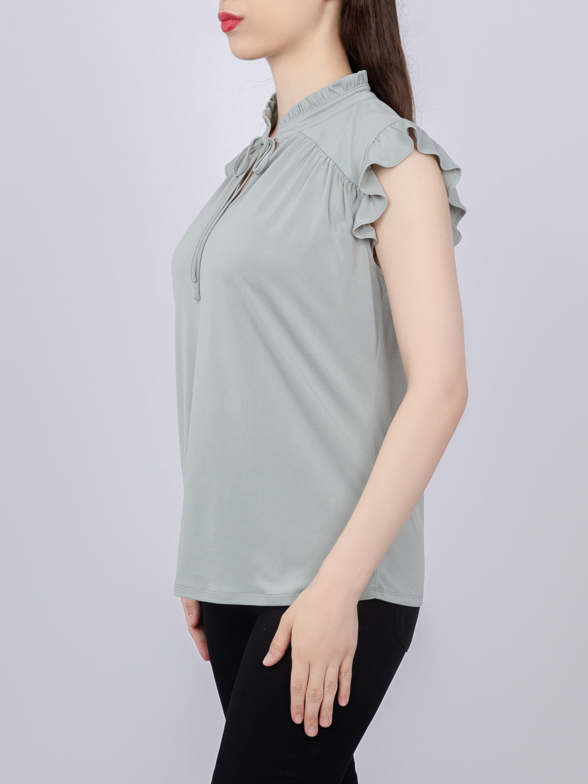 Tie-Front Ruffle Neck Knit Top