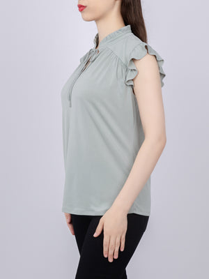 Tie-Front Ruffle Neck Knit Top