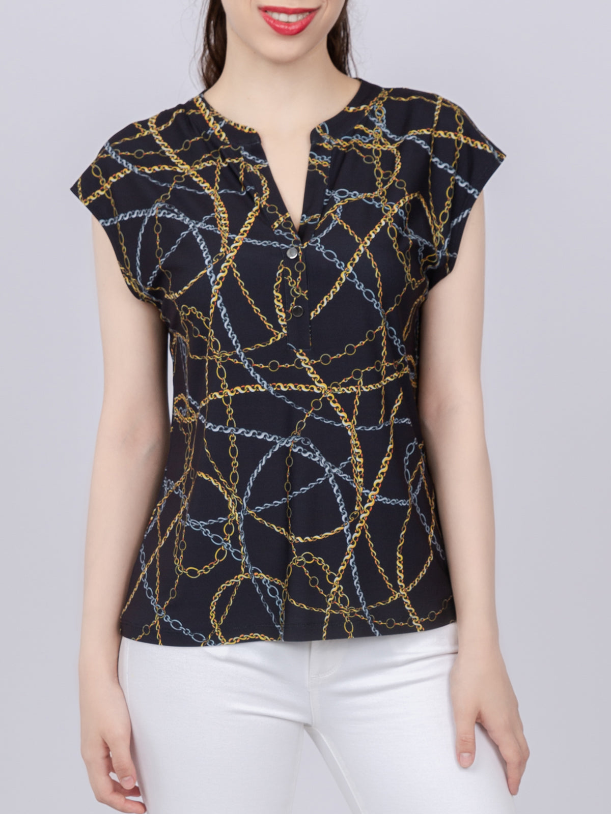 Cap Sleeve Button Detail Top