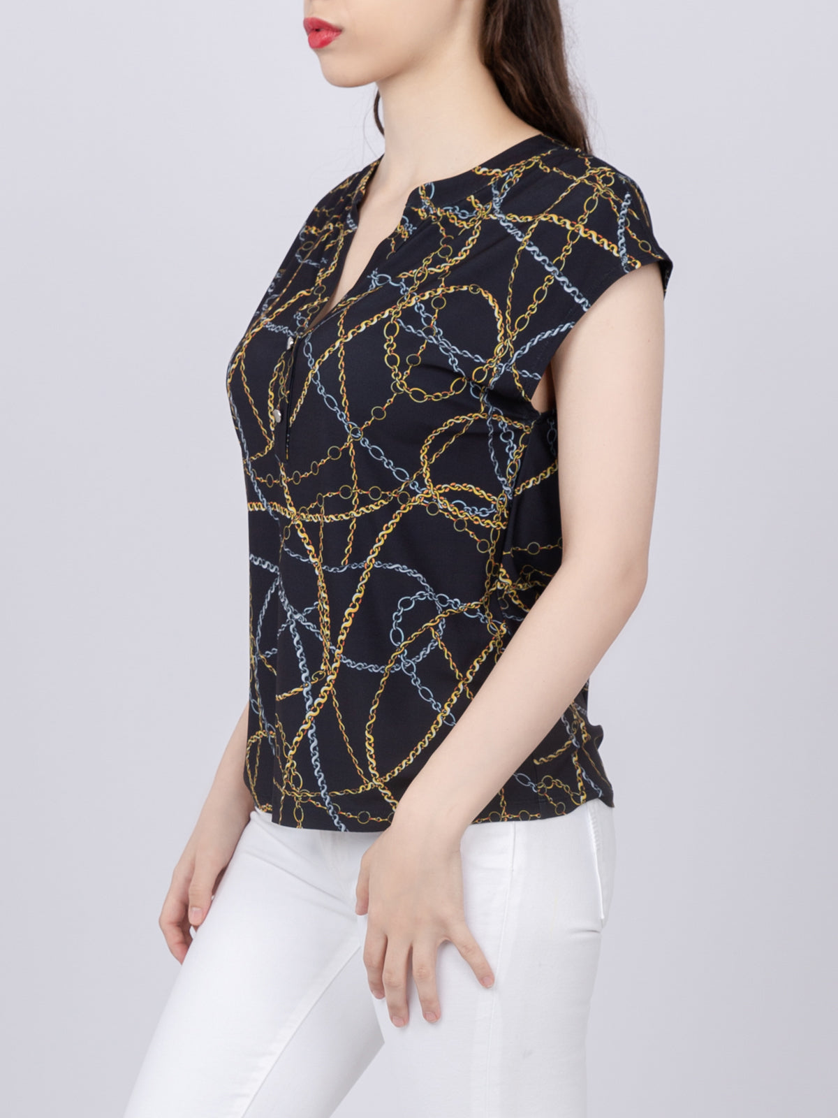 Cap Sleeve Button Detail Top