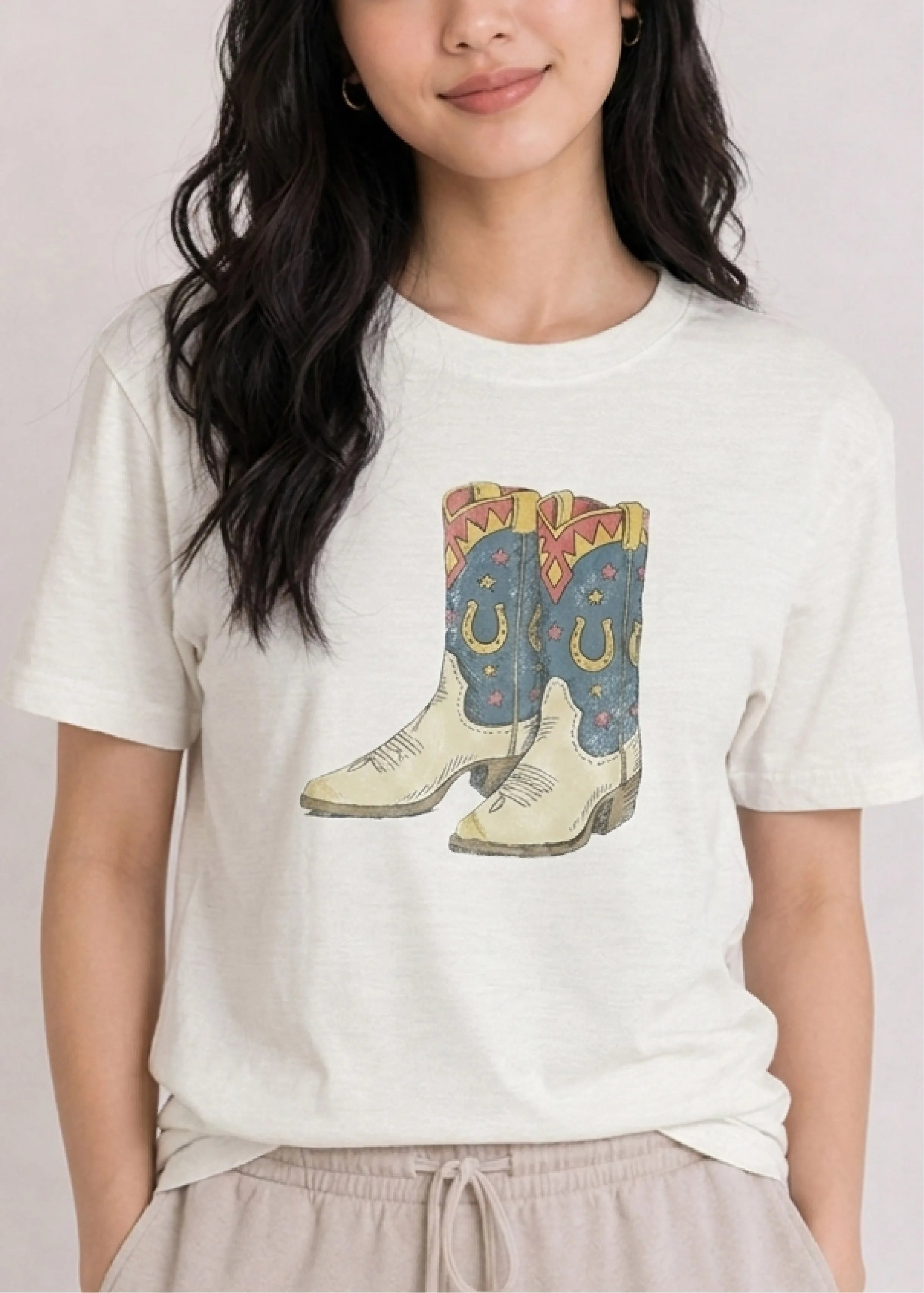 Western Boots Cream Tee