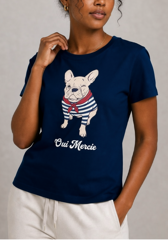 Oui Merci Frenchie Navy Tee