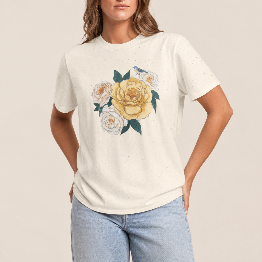 Golden Peony & Bluebird Floral Graphic Tee – Vintage Botanical T-Shirt