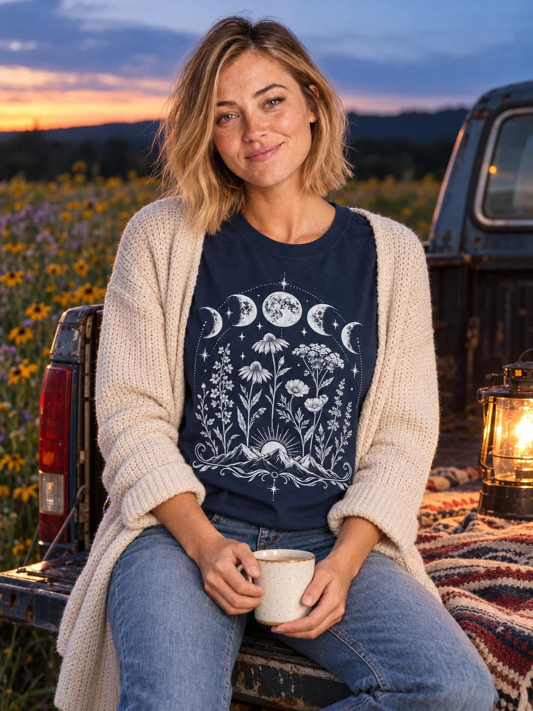 Woman on a truck tailgate at dusk in the navy Celestial Moon Phases Wildflower tee