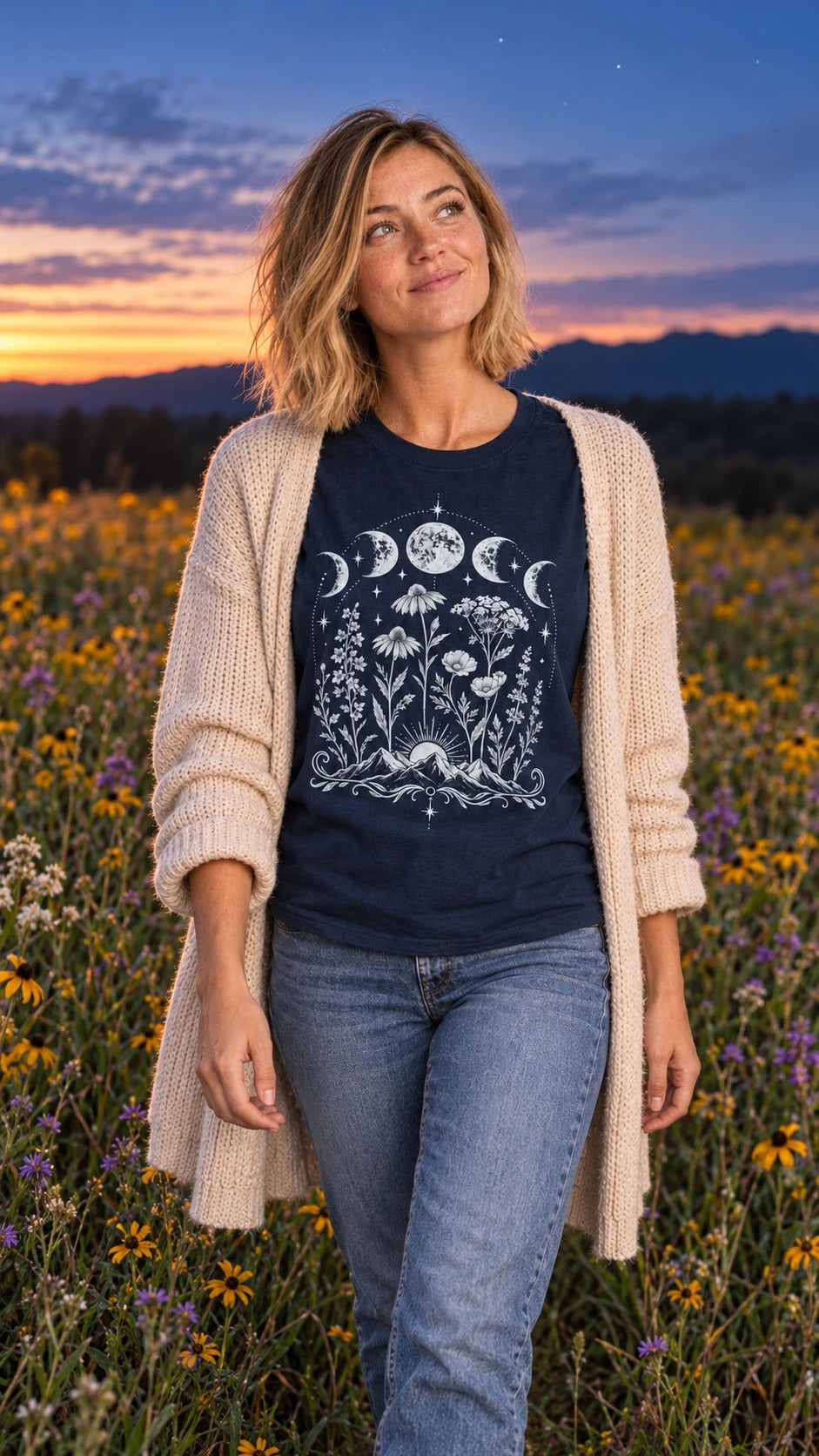 Celestial Moon Phases tee in a wildflower field at sunset