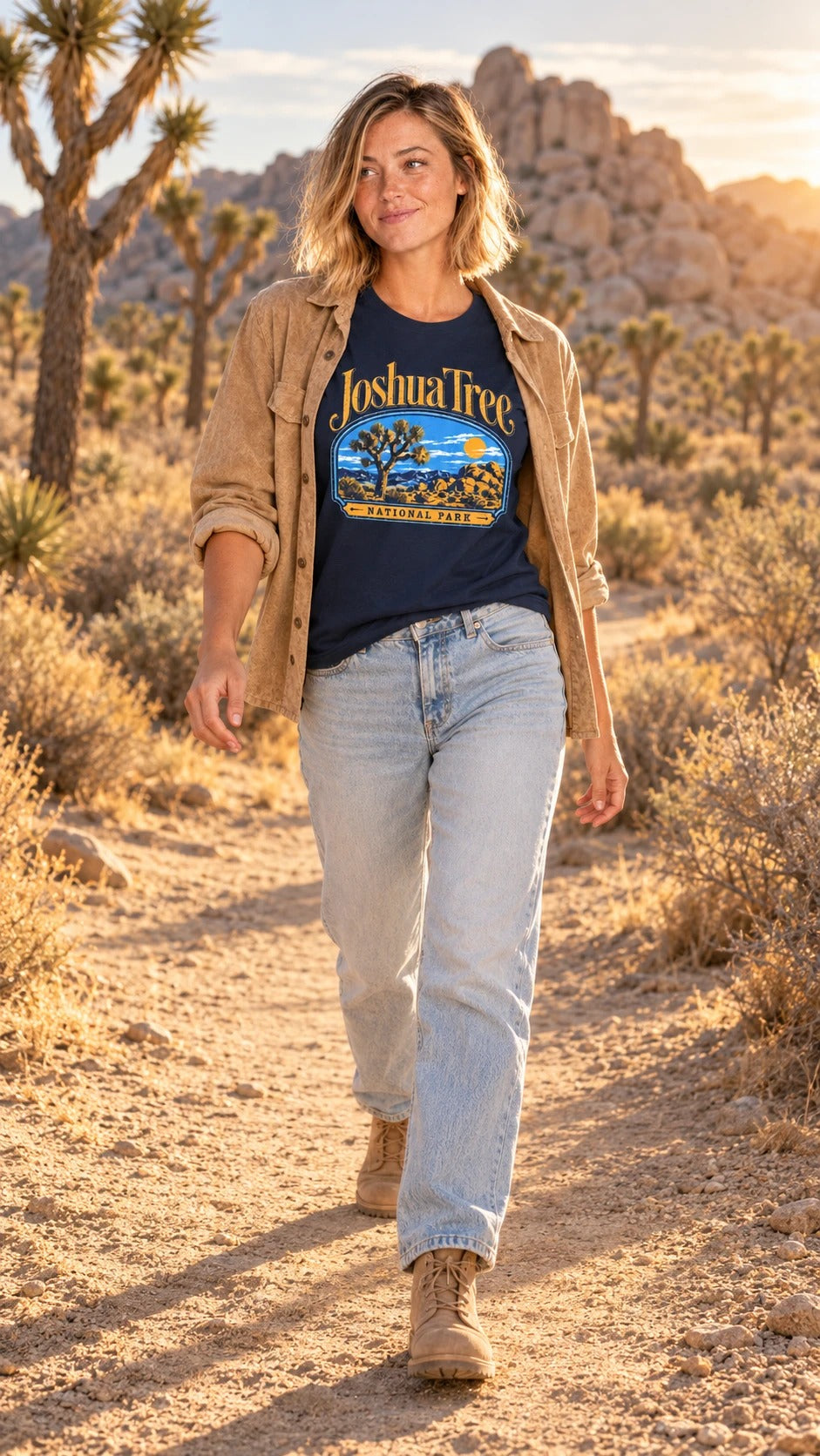 Joshua Tree National Park tee on a desert trail at golden hour