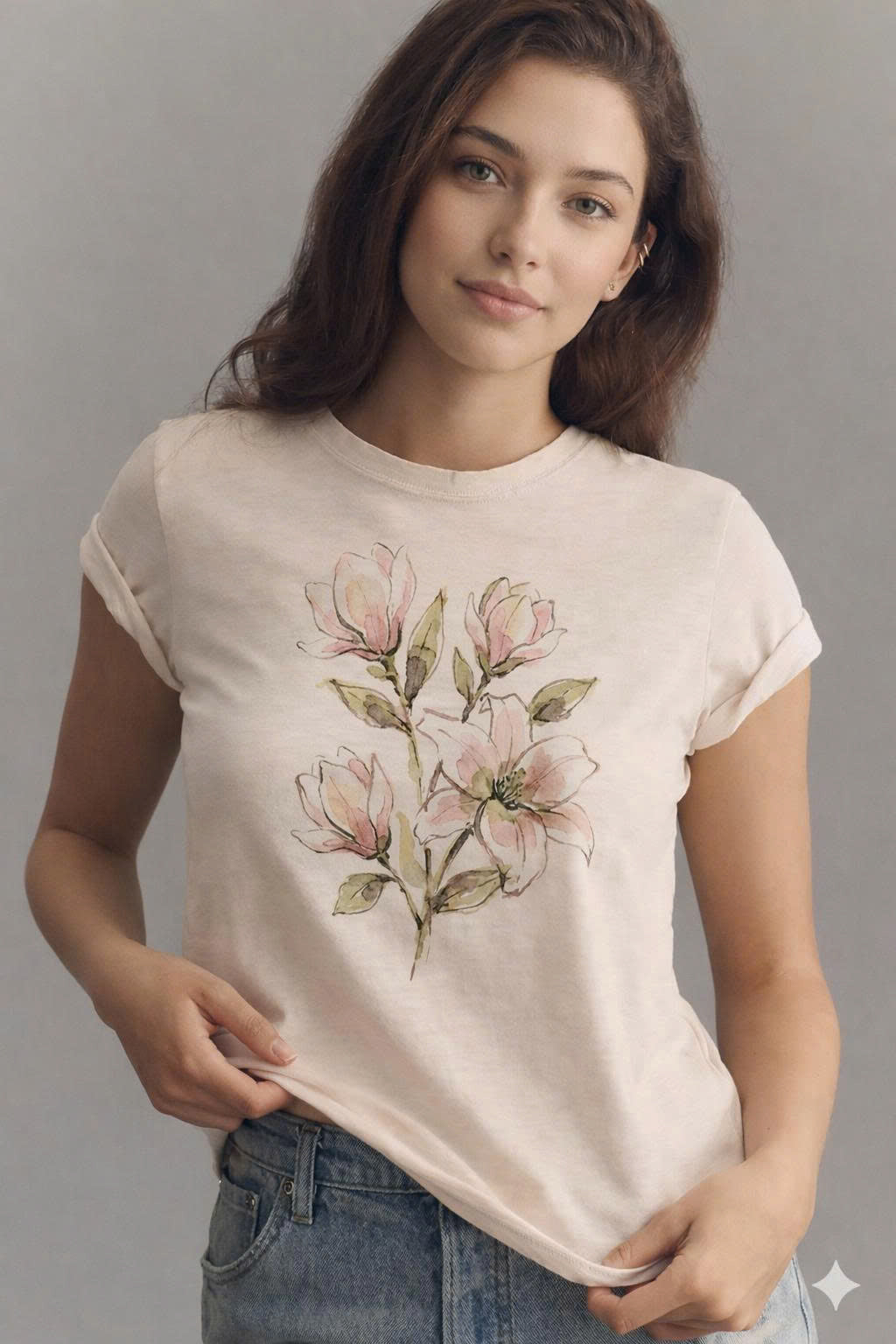 Woman wearing a t-shirt with floral design on a plain background